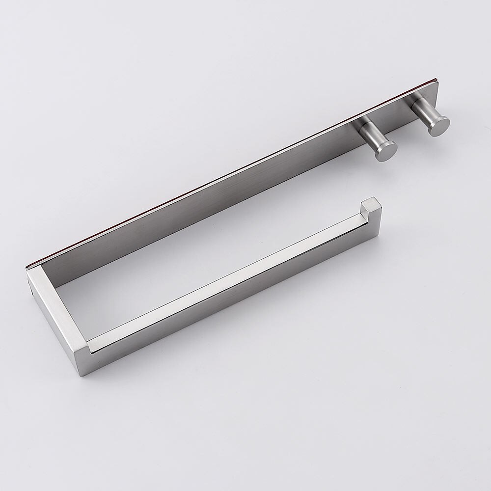 Barra de toalla multifuncional con percheros, estante de baño autoadhesivo sin perforaciones, acero inoxidable cepillado plateado y negro, 1 pieza 2025 - $44.99 –P1