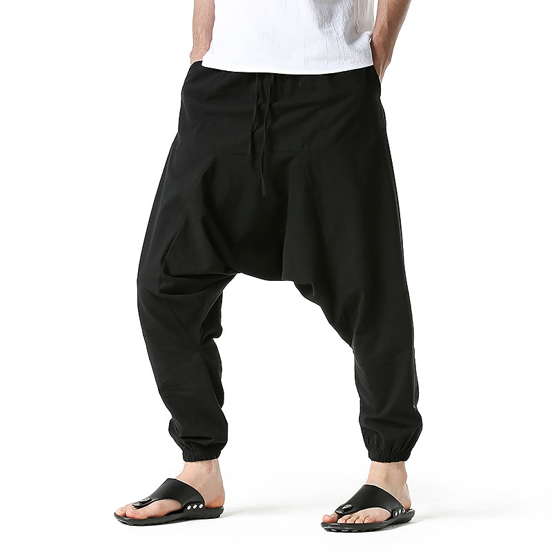 Herr Joggare Linne Byxor Långbyxor Sommarbyxor Harem byxor Snörning Elastisk midja Opressade byxor Slät Utomhus Sport Knelängd Hem Dagligen Helgdag Boho Hippie Lös passning Svart Marinblå 2025 - $30.99 –P2