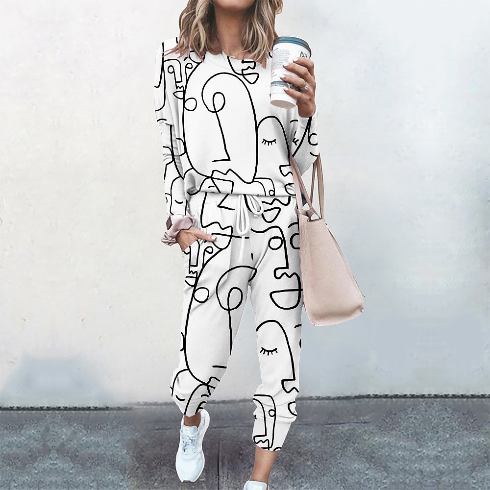 Women's Sweatshirt Tracksuit Pants Sets Streetwear Cinched Blue Yellow Going out Casual Daily Graphic Abstract Drawstring Print Crew Neck S M L XL XXL 2025 - $34.99 –P2