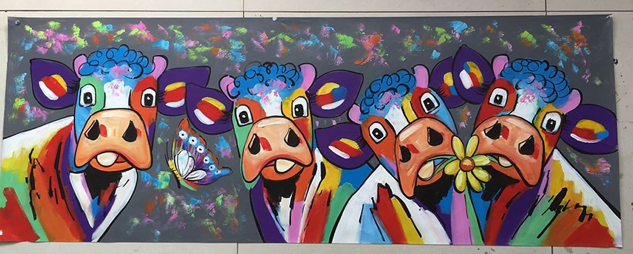 Oil Painting 100% Handmade Hand Painted Wall Art On Canvas Colorful Cattles Animal Series Modern Abstract Home Decoration Decor Rolled Canvas No Frame Unstretched 150*50cm 2025 - $73.99 –P7