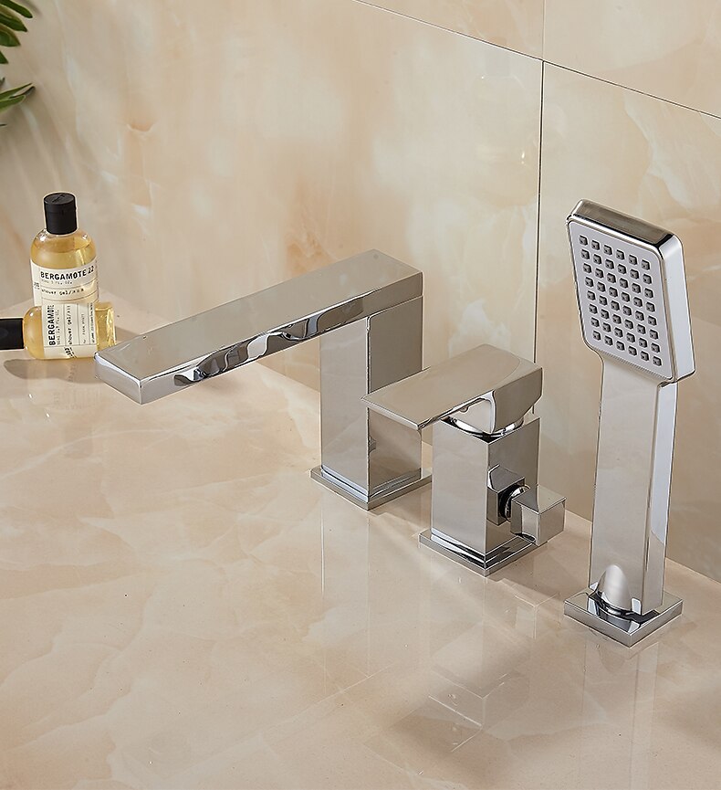Bathtub Faucet - Contemporary Chrome Free Standing Ceramic Valve Bath Shower Mixer Taps / Three Handles Three Holes 2025 - $226.79 –P3