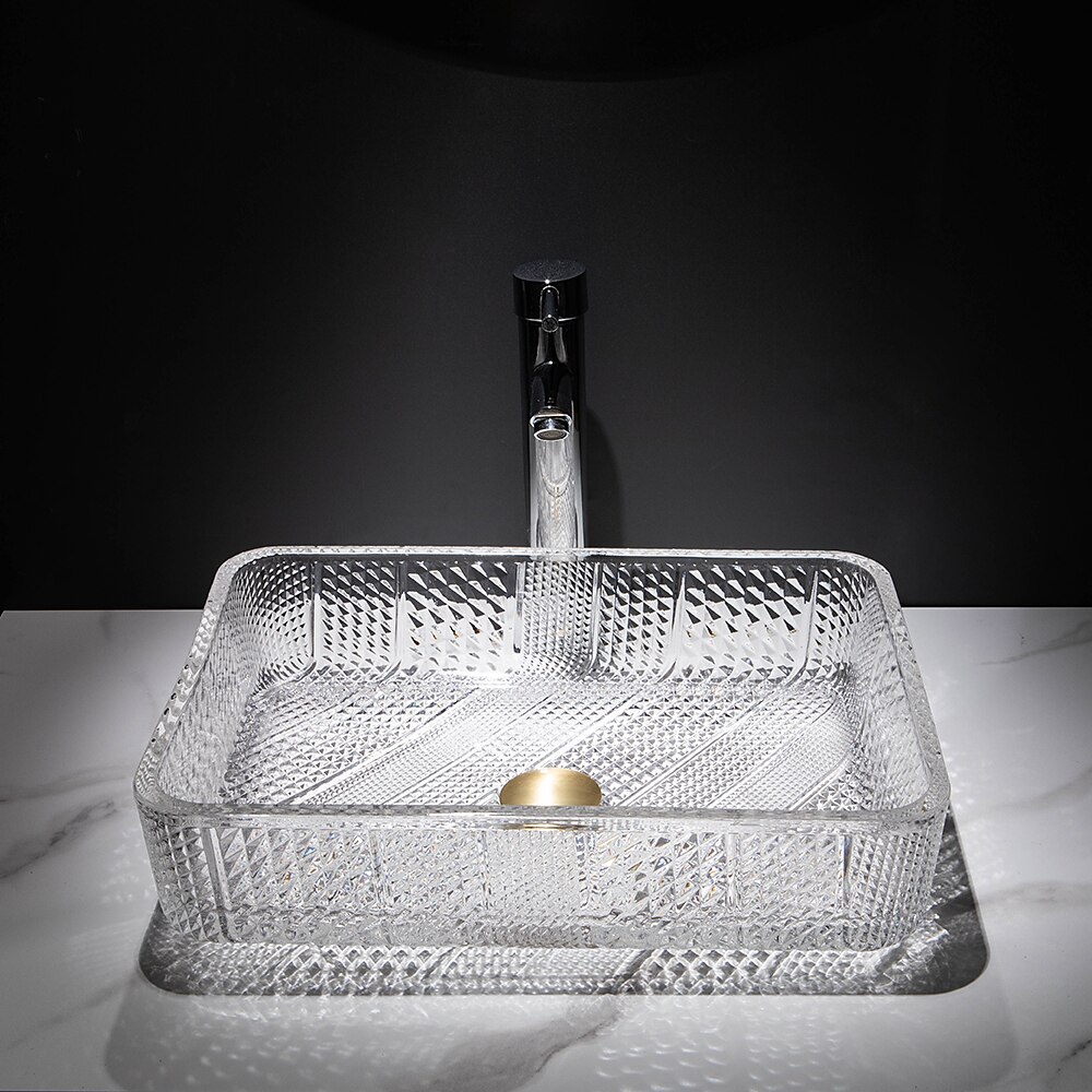 Le lavabo rectangulaire en verre moulé sous pression d'art transparent de luxe léger moderne avec évier de robinet de 2025 ? $333.79 –P9