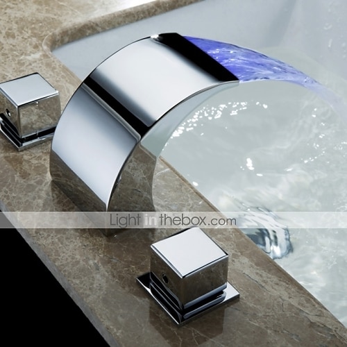 waterval badkamer wastafel kraan led-licht op het dek gemonteerd messing, wijdverspreide 2-handgreep 3-gats badvatkranen met warm en koud waterslang 2025 - $186.99 –P9