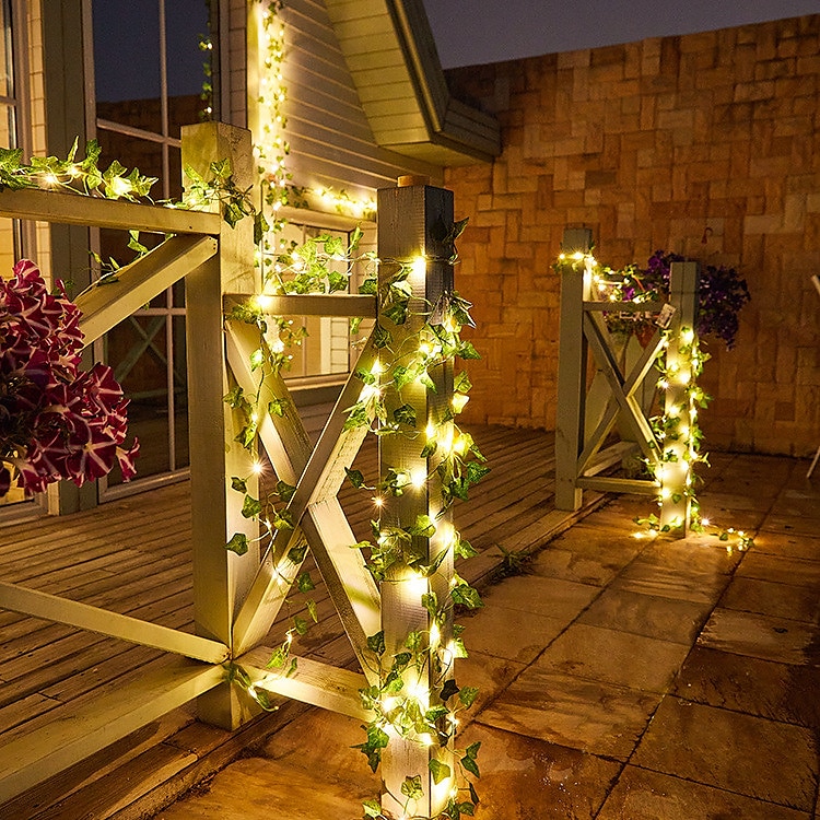 LED String Light IP65 Vodotěsná solární energie Venkovní LED String Závěsná světla Umělá venkovní břečťanová listová Rostliny pro zahradní plot Nástěnná závěsná dekorace Teplá bílá 8 Režim osvětlení 2025 - $13.49 –P3