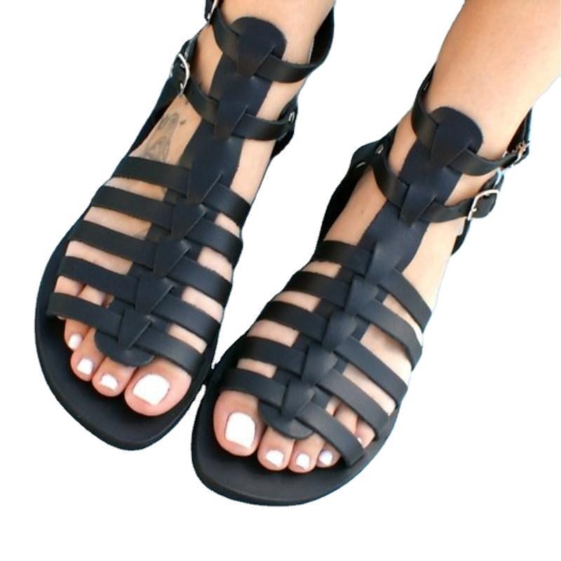 Mujer Sandalias Zapatos romanos Diario Playa Color sólido Verano Tacón Plano Dedo redondo Puntera abierta Vintage Clásico Cuero Sintético PU Sintéticos Hebilla Marrón Claro Negro Dorado 2025 - €28.99 –P4