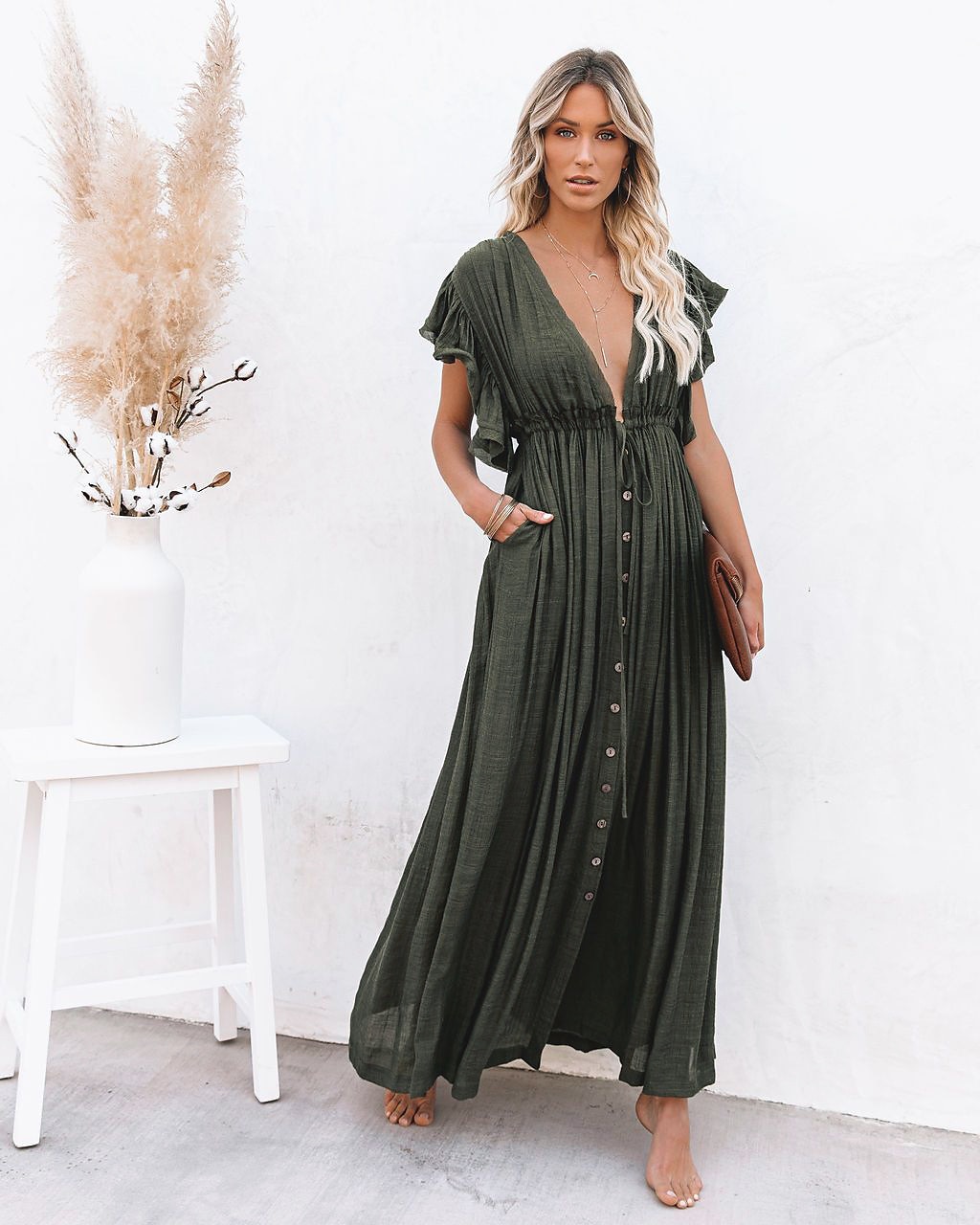 Női Keki zöld Narancssárga Rust Red Fekete Nyár Tavasz Ősz Hosszú ruha Maxi ruha Vászon ihletésű ruhák hétköznapi ruha Swing ruha Boho Tengerpart Laza öltözet Tiszta szín V-alakú 2025 - $32.99 –P19