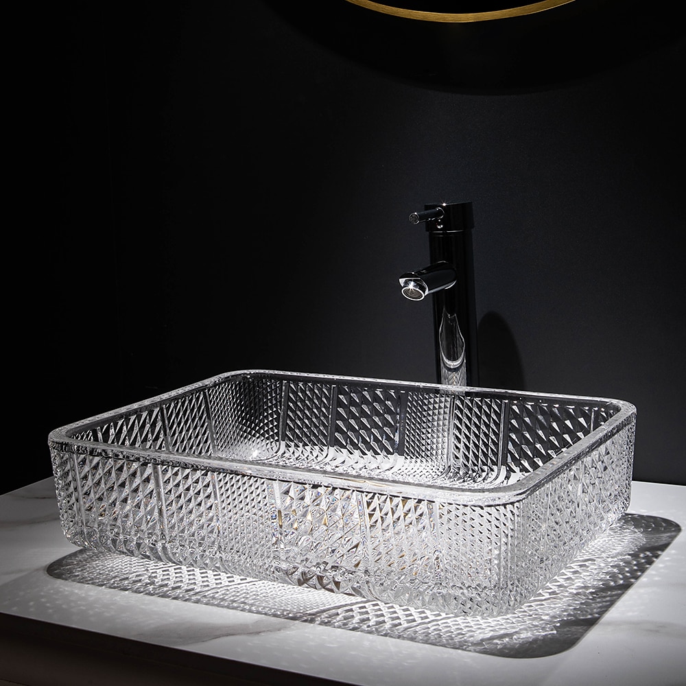 Le lavabo rectangulaire en verre moulé sous pression d'art transparent de luxe léger moderne avec évier de robinet de 2025 ? $333.79 –P4