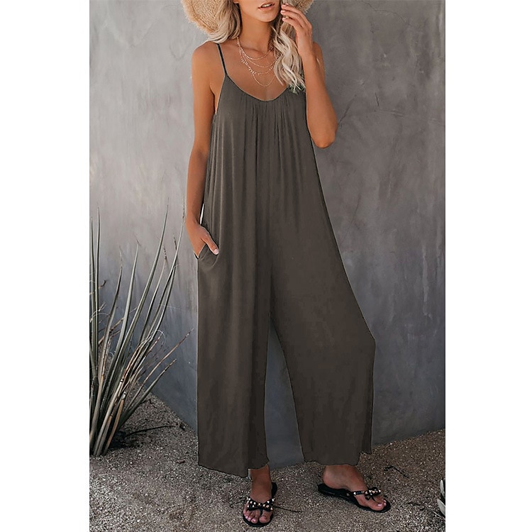 női jumpsuit egyszínű v nyak ünnepnapi kirándulás széles lábszár laza spagetti pántos khaki 3xl nyári 2025 - $24.99 –P3