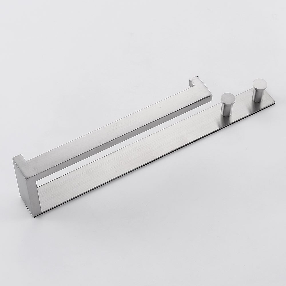 Barra de toalla multifuncional con percheros, estante de baño autoadhesivo sin perforaciones, acero inoxidable cepillado plateado y negro, 1 pieza 2025 - $44.99 –P5
