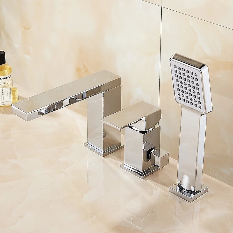 Bathtub Faucet - Contemporary Chrome Free Standing Ceramic Valve Bath Shower Mixer Taps / Three Handles Three Holes 2025 - $226.79 –P1