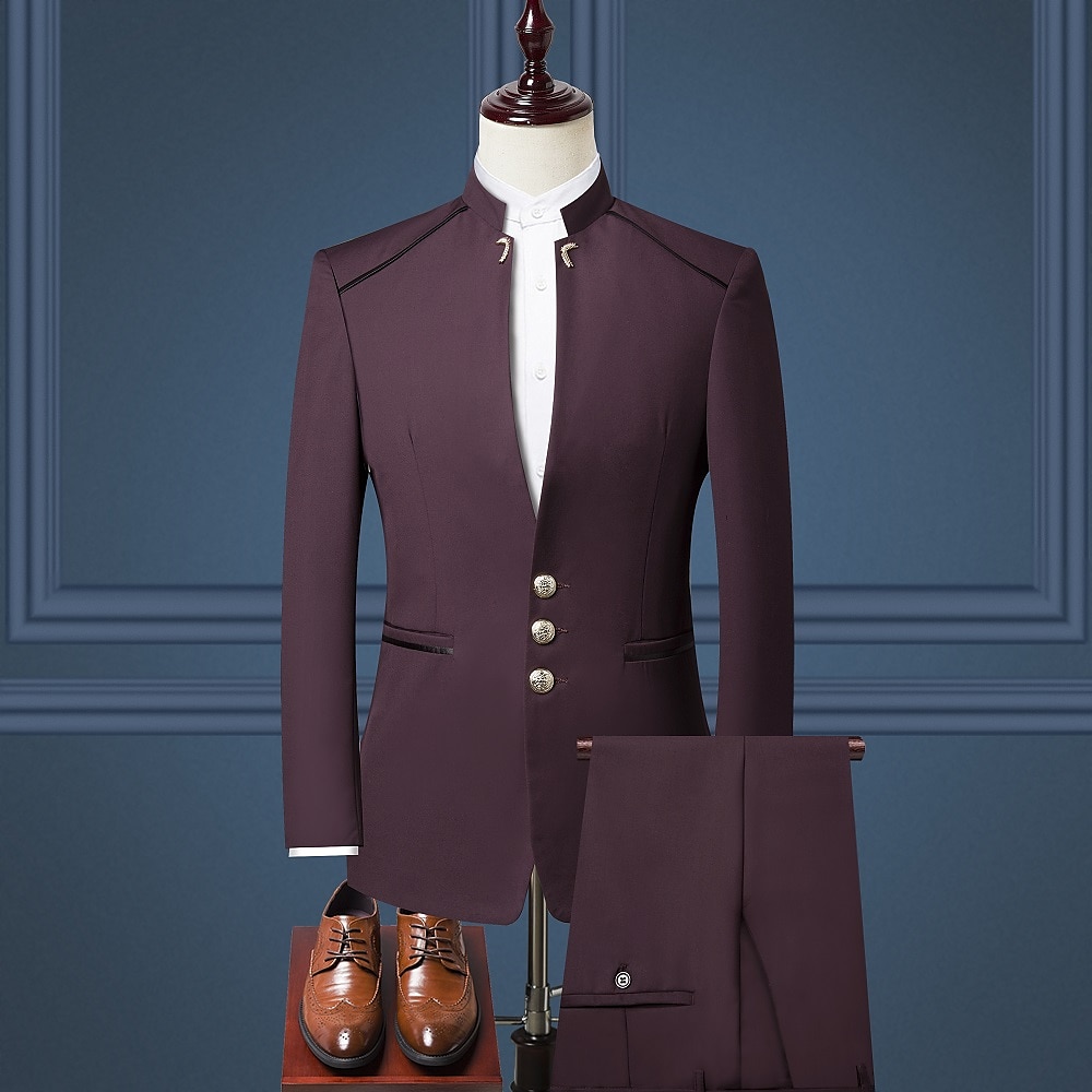 Completi da Sposa Uomo Nero Borgogna Blu Scuro 2 Pezzi Colore Solido Sottile Unico Petto Tre Bottoni del 2025 a $122.99 –P5