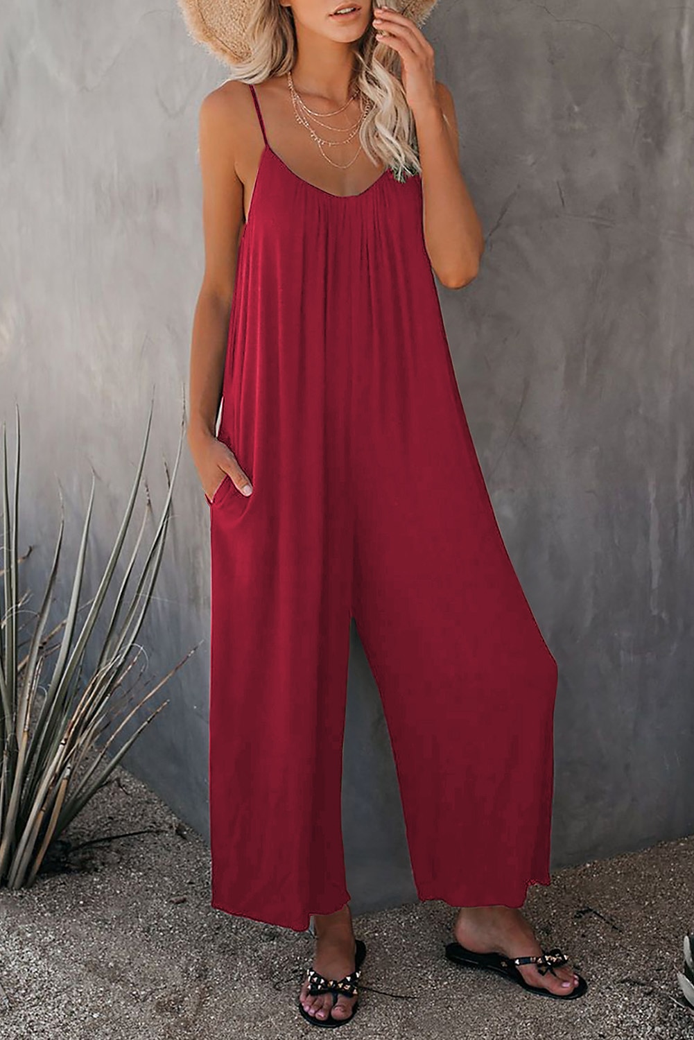 női jumpsuit egyszínű v nyak ünnepnapi kirándulás széles lábszár laza spagetti pántos khaki 3xl nyári 2025 - $24.99 –P5