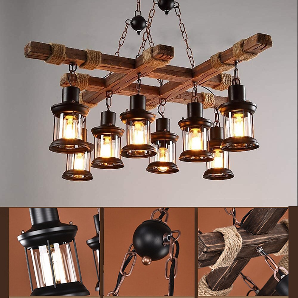 LED Pendant Light Vintage Chandelier Wood 8-Light 100cm Industrial Wooden Metal Retro Glass Shade Suitable for Billiard Table Kitchen Island Bar Height Adjustable Chandelier E27 AC220V E26 AC110V 2025 - $485.69 –P8