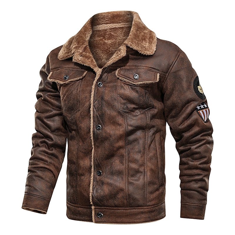 Męskie Bomberka Skórzana kurtka Zima Regularny Solidne kolory Codzienny Codzienny Czarny Brązowy Khaki 2025 - $12.99 –P1