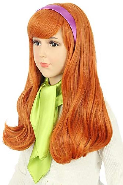 vgbeaty parrucca arancione a onda lunga per bambini con sciarpa di seta verde e fascia viola parrucca cosplay anime parrucche di Halloween del 2025 a $25.99 –P3
