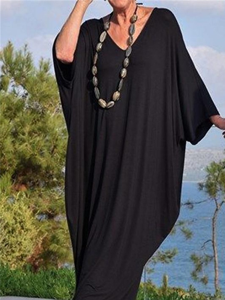 Women's Pure Color Kaftan Dress Casual Dress Swing Dress Long Dress Maxi Dress Black 3/4 Length Sleeve Fall Autumn V Neck Basic Weekend Loose Fit S M L XL XXL XXXL 2023 - US $41.99 –P2