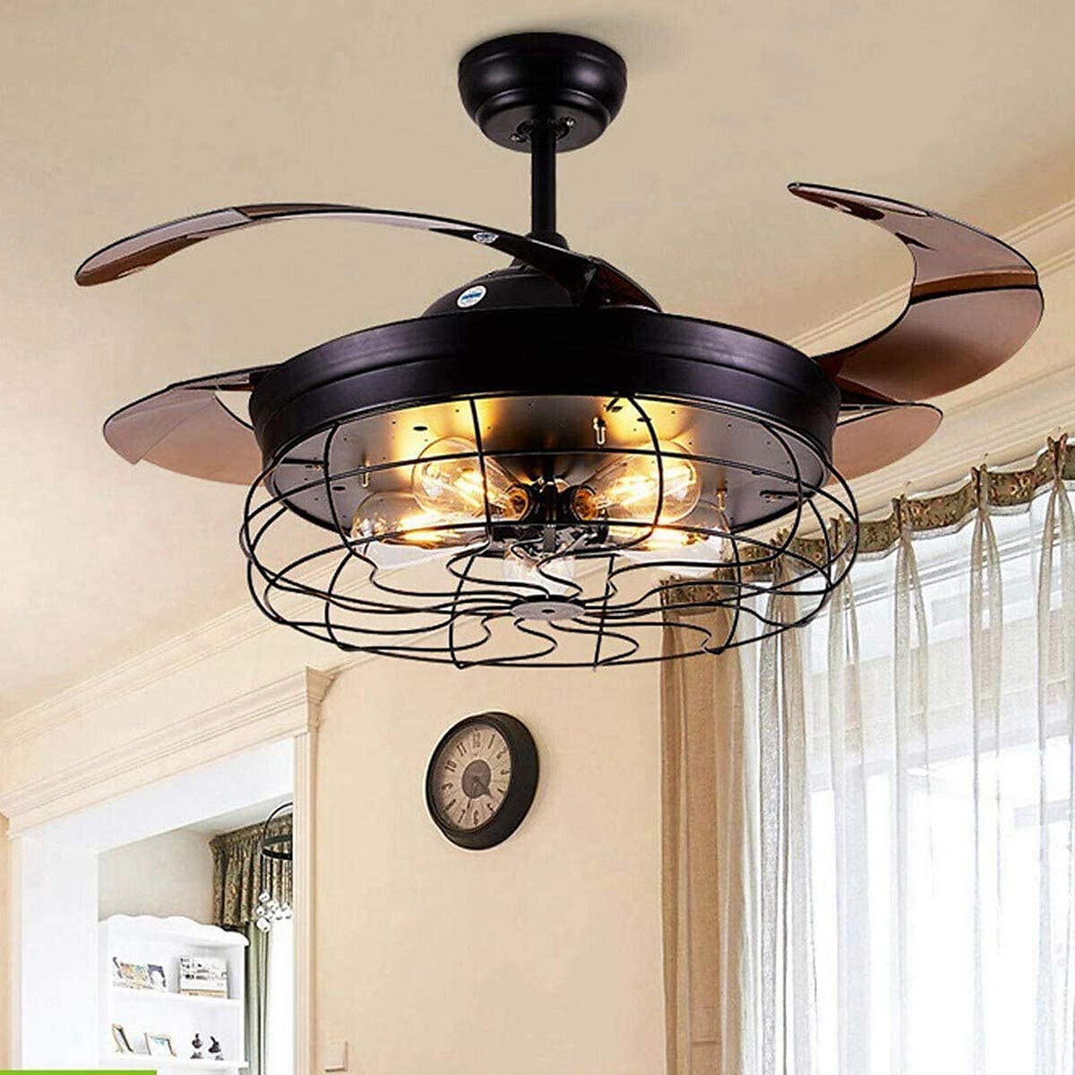 ventilatore da soffitto con luci-ventilatore da soffitto industriale da 42" con pale retrattili, plafoniera a gabbia vintage con controllo a 3/6 velocità con telecomando per cucina, sala da pranzo, soggiorno e26 nero del 2025 a $287.89 –P9