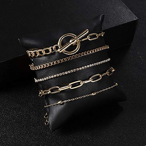 5pcs handmade thick gold color chunky adjustable lasso rhinestone beads bracelet set multi layered round rectangle chain toggle crystal charm bangles for women girls party gifts jewelry 2025 - $5.49 –P4