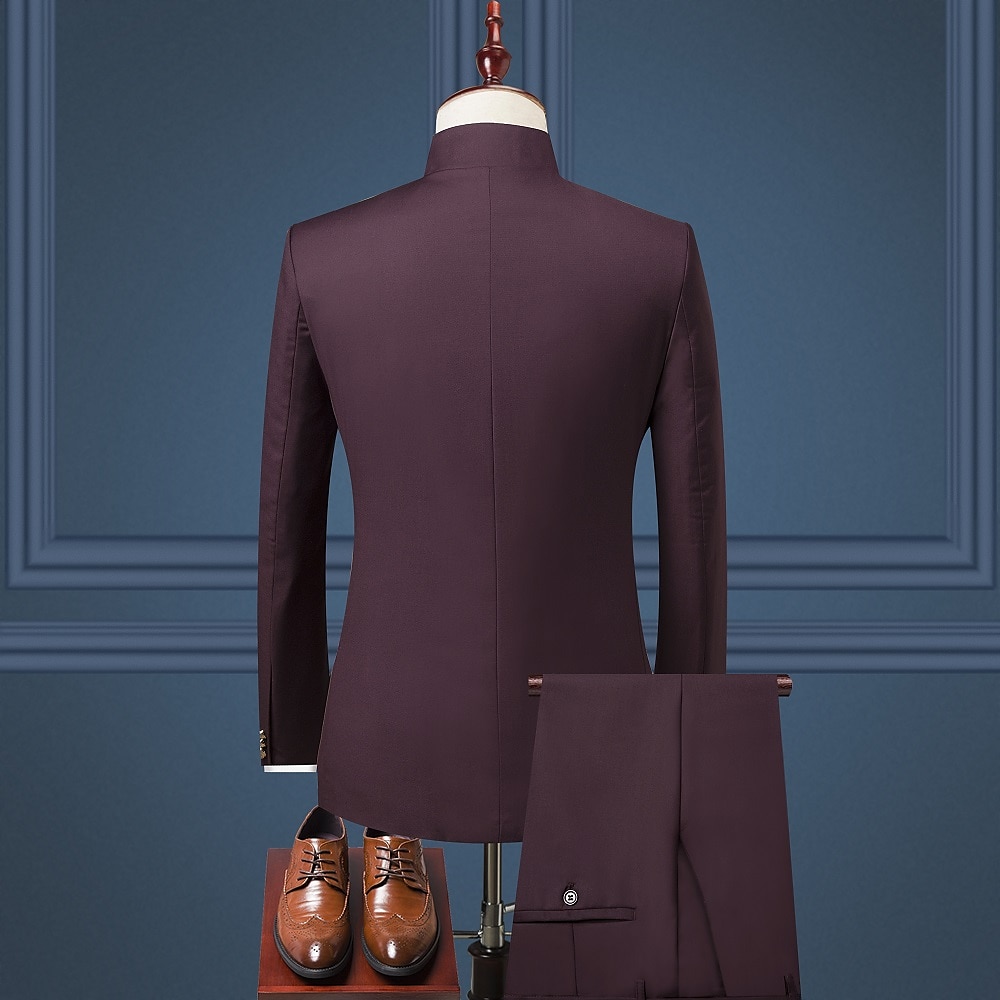 Completi da Sposa Uomo Nero Borgogna Blu Scuro 2 Pezzi Colore Solido Sottile Unico Petto Tre Bottoni del 2025 a $122.99 –P6