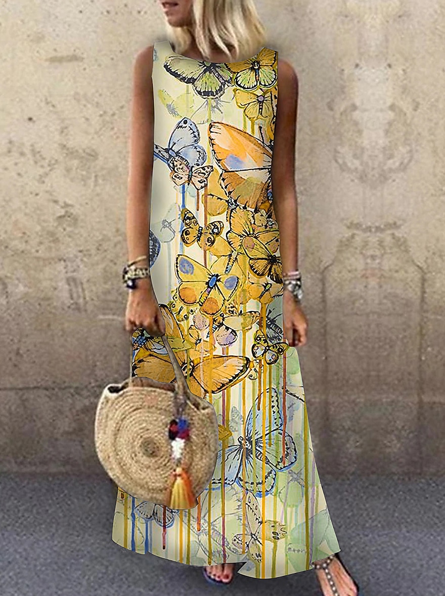 Women's Maxi Dress Sundress A Line Dress Summer Dress Casual Vacation Party Casual Loose Fit Animal Print Sleeveless Crew Neck Light Yellow Light Blue Yellow Red Summer Spring 2025 - $36.99 –P4