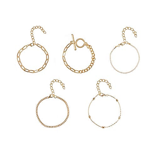 5pcs handmade thick gold color chunky adjustable lasso rhinestone beads bracelet set multi layered round rectangle chain toggle crystal charm bangles for women girls party gifts jewelry 2025 - $5.49 –P2