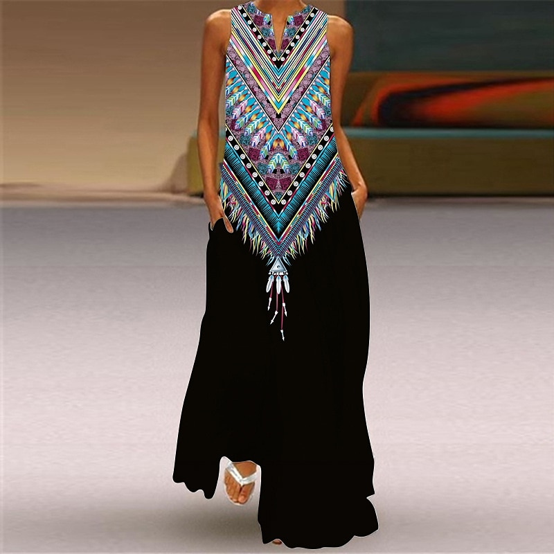 dam a line klänning maxi lång klänning svart ärmlös blommig leopardtryck sommar v-ringad snygg 2022 5xl 2025 - $27.99 –P2