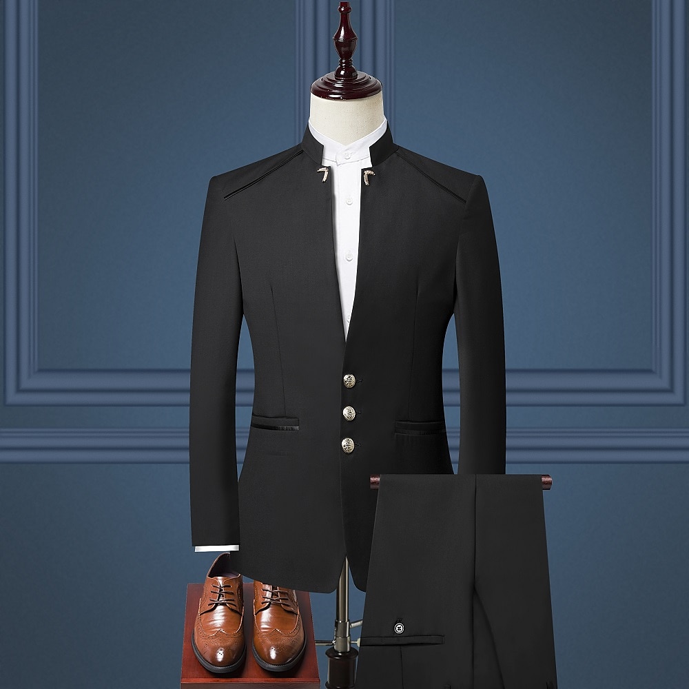 Completi da Sposa Uomo Nero Borgogna Blu Scuro 2 Pezzi Colore Solido Sottile Unico Petto Tre Bottoni del 2025 a $122.99 –P3