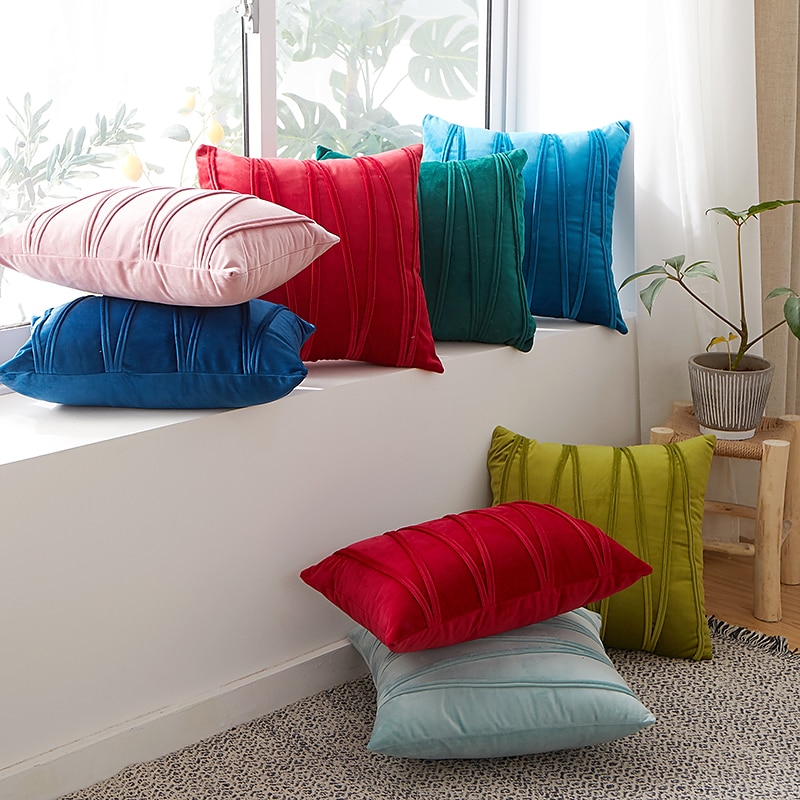 almohadas decorativas fundas de almohada de terciopelo grueso funda de cojín de sofá a cuadros a rayas 3d cojín al aire libre fundas de almohada de patio para jardín sofá de banco de granja rosa azul 2025 - $13.99 –P4