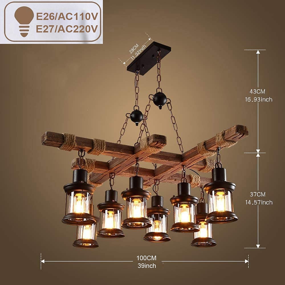 LED Pendant Light Vintage Chandelier Wood 8-Light 100cm Industrial Wooden Metal Retro Glass Shade Suitable for Billiard Table Kitchen Island Bar Height Adjustable Chandelier E27 AC220V E26 AC110V 2025 - $485.69 –P4
