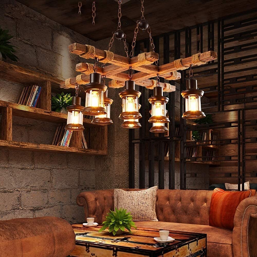 LED Pendant Light Vintage Chandelier Wood 8-Light 100cm Industrial Wooden Metal Retro Glass Shade Suitable for Billiard Table Kitchen Island Bar Height Adjustable Chandelier E27 AC220V E26 AC110V 2025 - $485.69 –P13