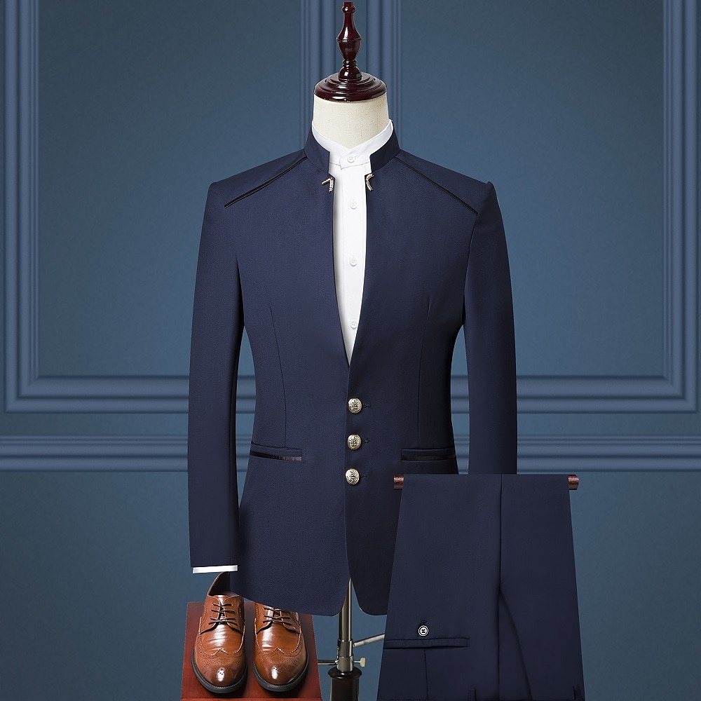 Completi da Sposa Uomo Nero Borgogna Blu Scuro 2 Pezzi Colore Solido Sottile Unico Petto Tre Bottoni del 2025 a $122.99 –P1