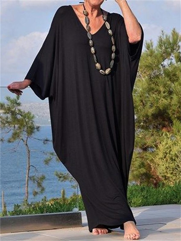 Women's Pure Color Kaftan Dress Casual Dress Swing Dress Long Dress Maxi Dress Black 3/4 Length Sleeve Fall Autumn V Neck Basic Weekend Loose Fit S M L XL XXL XXXL 2023 - US $41.99 –P1