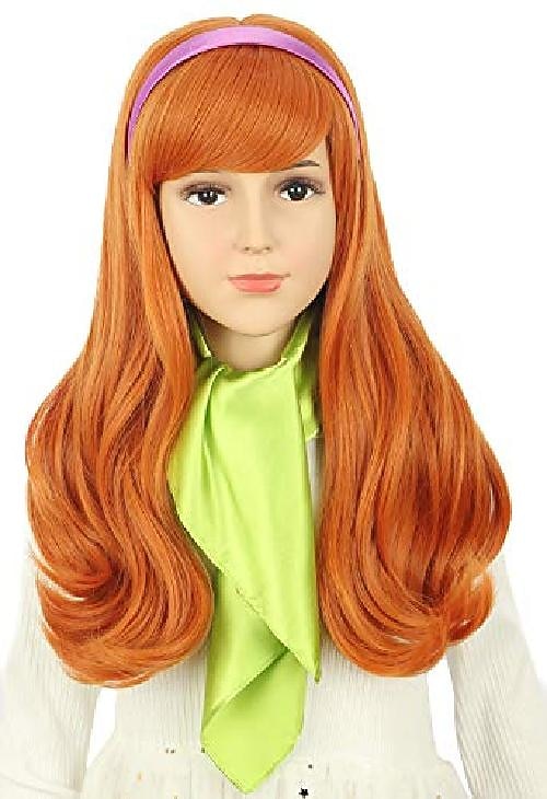 vgbeaty parrucca arancione a onda lunga per bambini con sciarpa di seta verde e fascia viola parrucca cosplay anime parrucche di Halloween del 2025 a $25.99 –P1