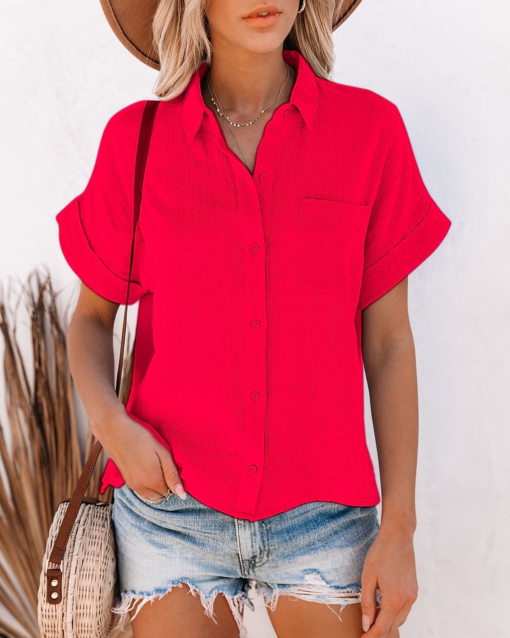 Mulheres Camisa Social Botão para cima Camisa de algodão e linho Blusa Tecido Diário Básico Casual Manga Curta Colarinho de Camisa Tops regulares Trabalho Casual Diário Patchwork Branco Rosa Vermelho de 2025 por $23.99 –P18