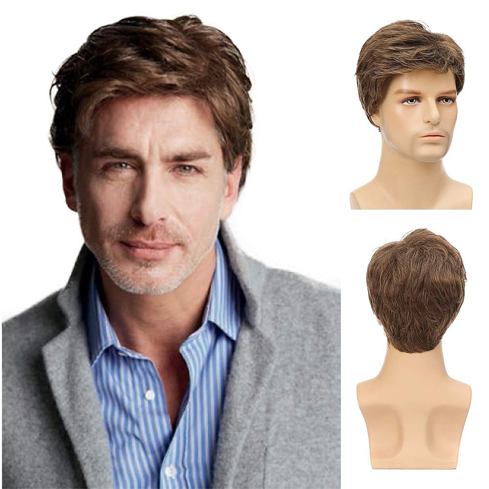 Kaneles Mens Wigs Short Straight Brown mix Natural Synthetic Cosplay Hair Wig for Male Guy 