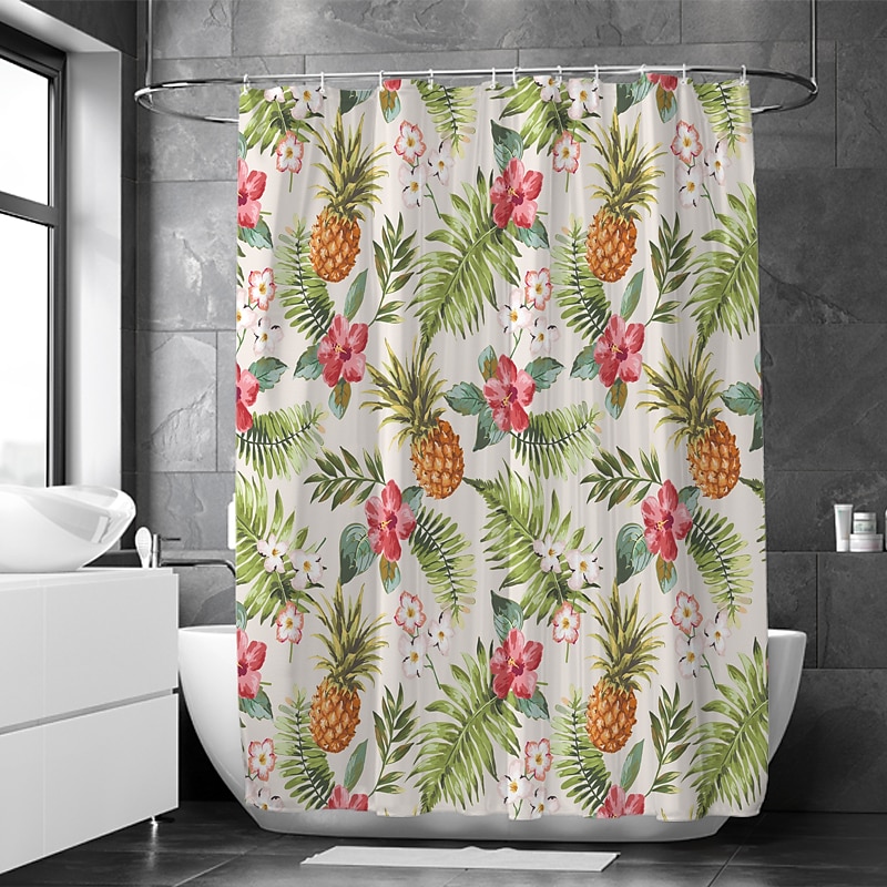 Tropical Rainforest Plant Pineapple Decor Pattern Waterproof Shower Curtains Set 