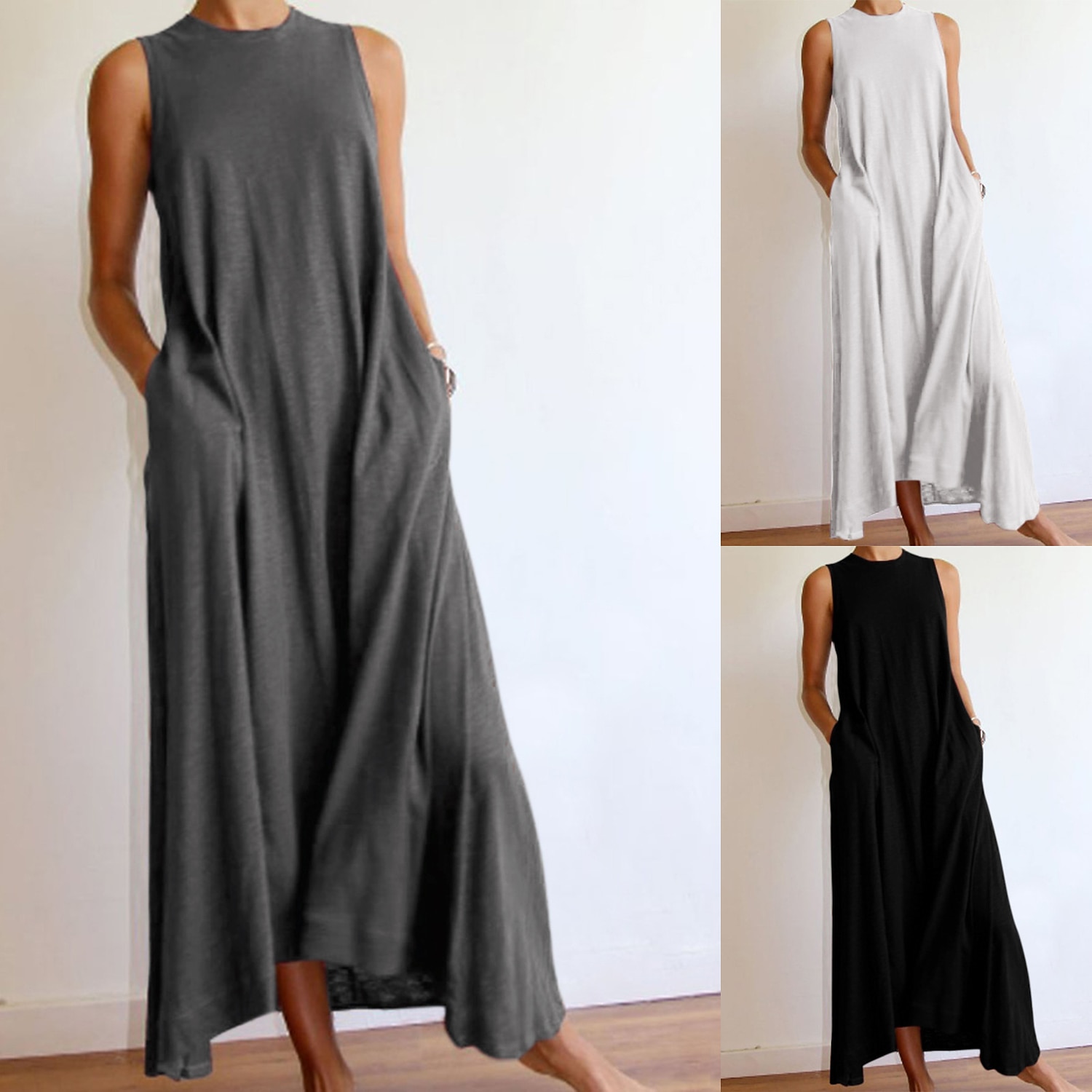 vestido largo de mujer vestido maxi negro gris blanco sin mangas color puro primavera verano s m l xl xxl xxxl 2025 - $20.99 –P2