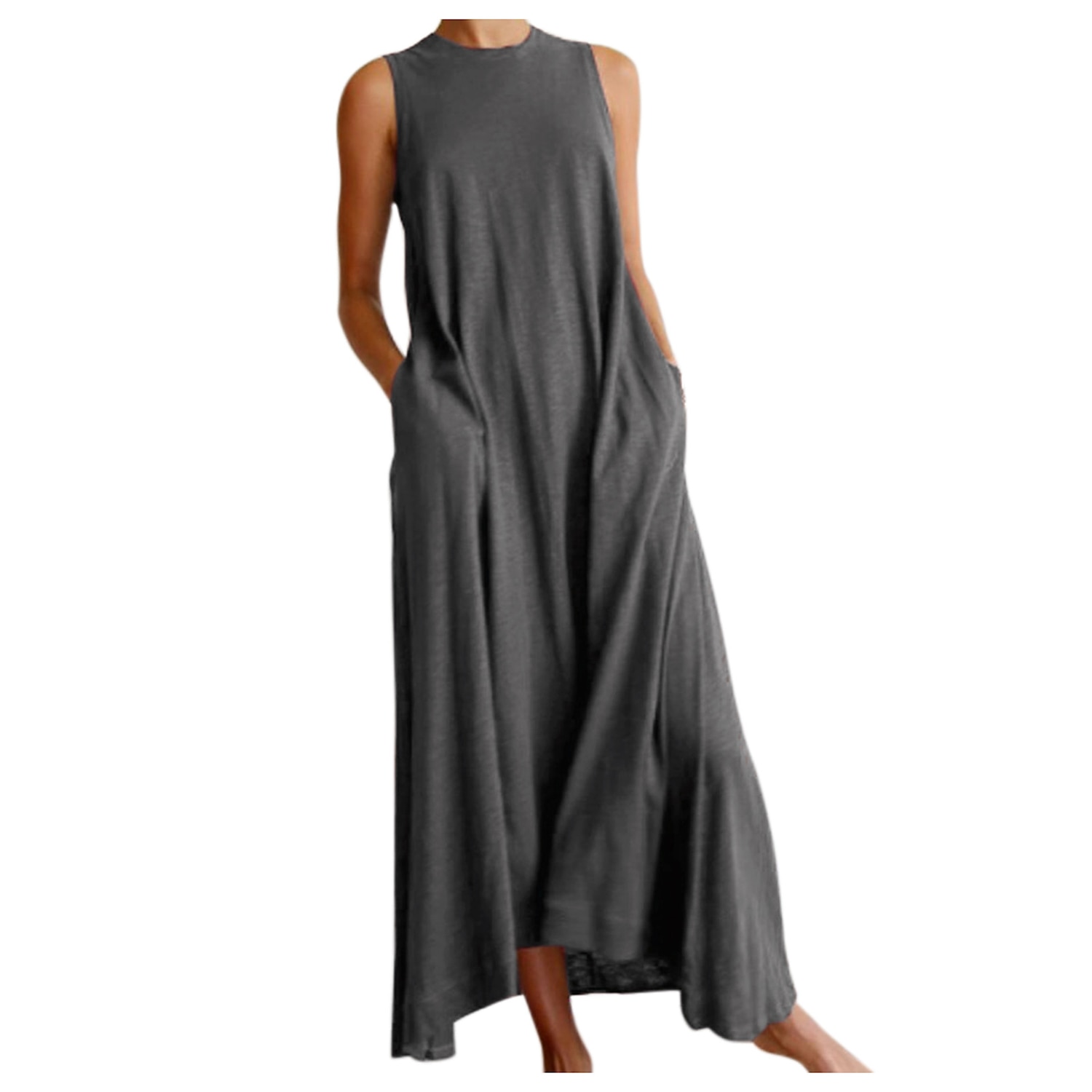 vestido largo de mujer vestido maxi negro gris blanco sin mangas color puro primavera verano s m l xl xxl xxxl 2025 - $20.99 –P5