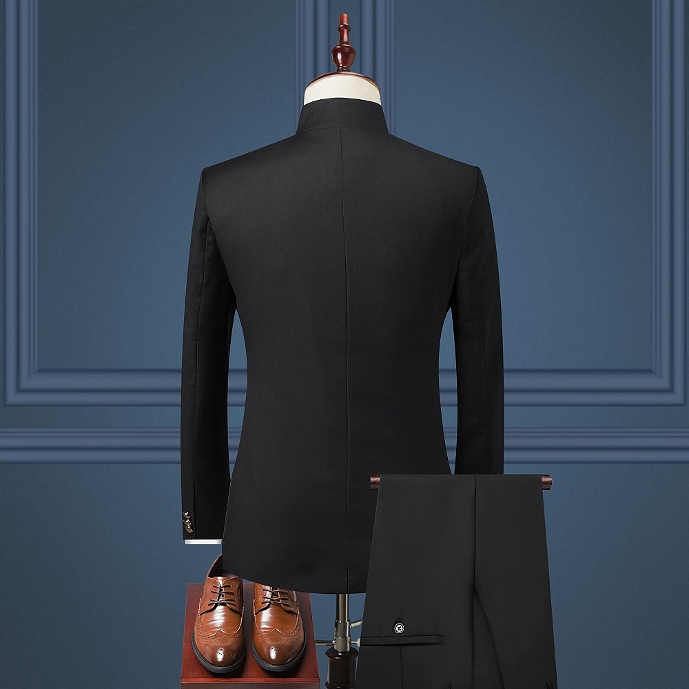 Completi da Sposa Uomo Nero Borgogna Blu Scuro 2 Pezzi Colore Solido Sottile Unico Petto Tre Bottoni del 2025 a $122.99 –P4