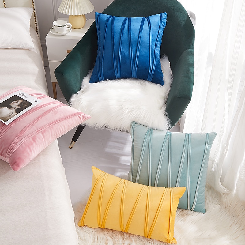 almohadas decorativas fundas de almohada de terciopelo grueso funda de cojín de sofá a cuadros a rayas 3d cojín al aire libre fundas de almohada de patio para jardín sofá de banco de granja rosa azul 2025 - $13.99 –P11