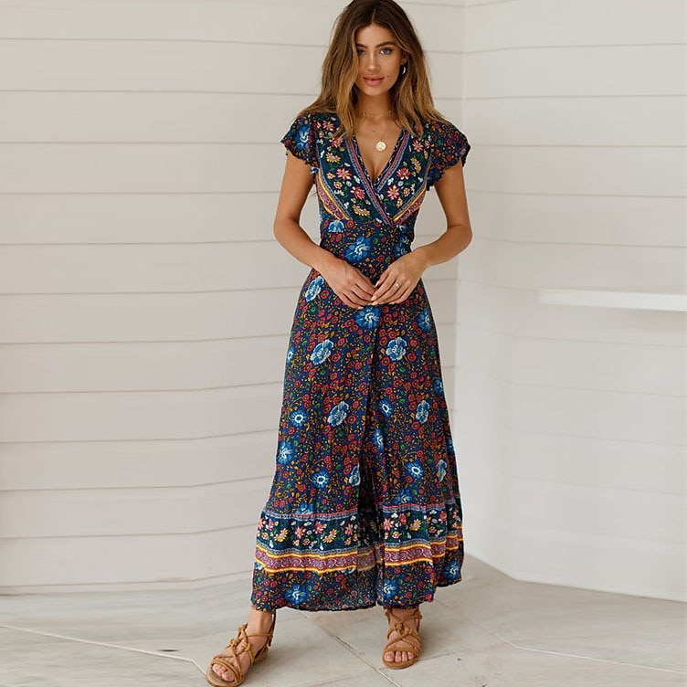 Női Maxi hosszú ruha hétköznapi ruha Swing ruha Boho ruha Boho Vakáció Napi Szabadság Normál Virágos Rövid ujjú V-alakú Rubin Sötétkék Nyár Tavasz 2025 - $33.99 –P7