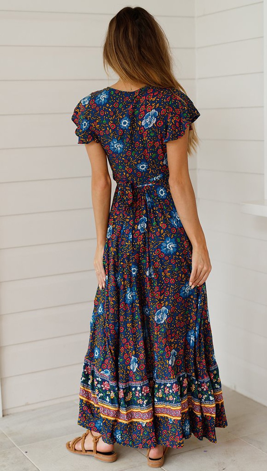 Női Maxi hosszú ruha hétköznapi ruha Swing ruha Boho ruha Boho Vakáció Napi Szabadság Normál Virágos Rövid ujjú V-alakú Rubin Sötétkék Nyár Tavasz 2025 - $33.99 –P2