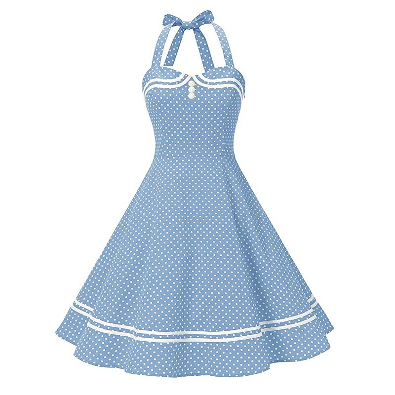 Vestido de mujer de los años 50 audrey hepburn halter swing vestido 100%  algodón flare vestido retro vintage lunares diario fiesta de té casual  diario sin mangas ajuste& vestido acampanado de 2024 - $32.99