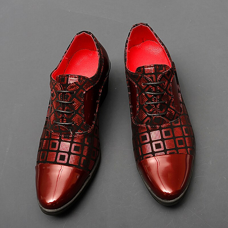 Heren rode en zwarte lakleren Oxford schoenen met blokhak en geometrische print – formele feest- en dansschoenen 2026 - $59.99 –P4