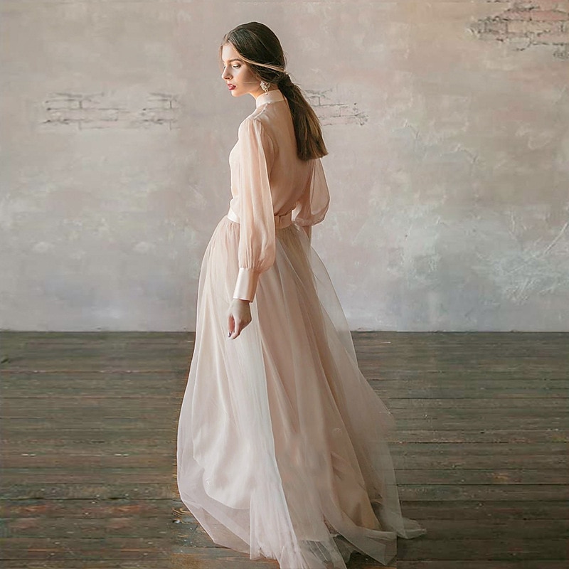 Zweiteiliges Abschlussballkleid Empire Kleid Hochzeitsgast Formelles Abendkleid Bodenlang Lange Ärmel Stehkragen Chiffon mit Knöpfen Stufen 2025 - $145.99 –P4