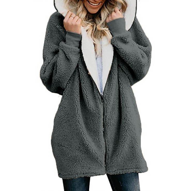 Per donna Streetwear Oversize Pile Sherpa Cerniera Marrone rossastro Blu denim Nero Tinta unica Informale Manica lunga Vello S M L XL XXL 3XL / Imbottitura di pile / Lungo del 2025 a $24.99 –P10