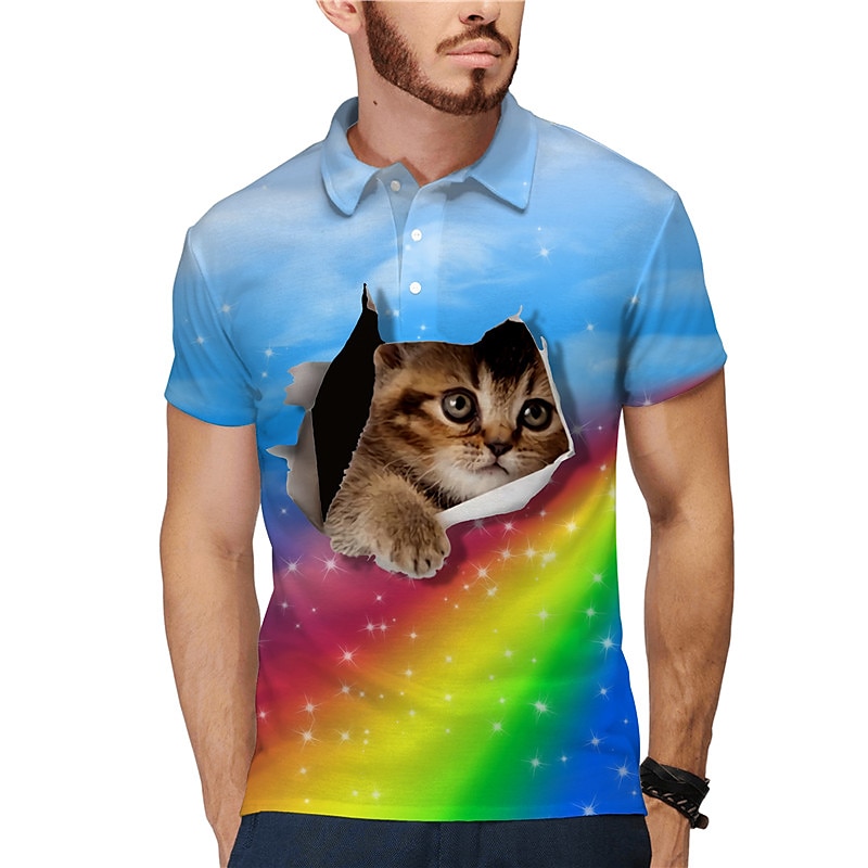 Homme Chat Polo Chemise de golf Manche Courte Polos Chemises à Col Occasionnel Drôle Vêtements de rue Vêtements de vacances Tenues de fête Boutons Impression 3D Jaune Rose Claire Bleu de 2025 ? $22.99 –P1