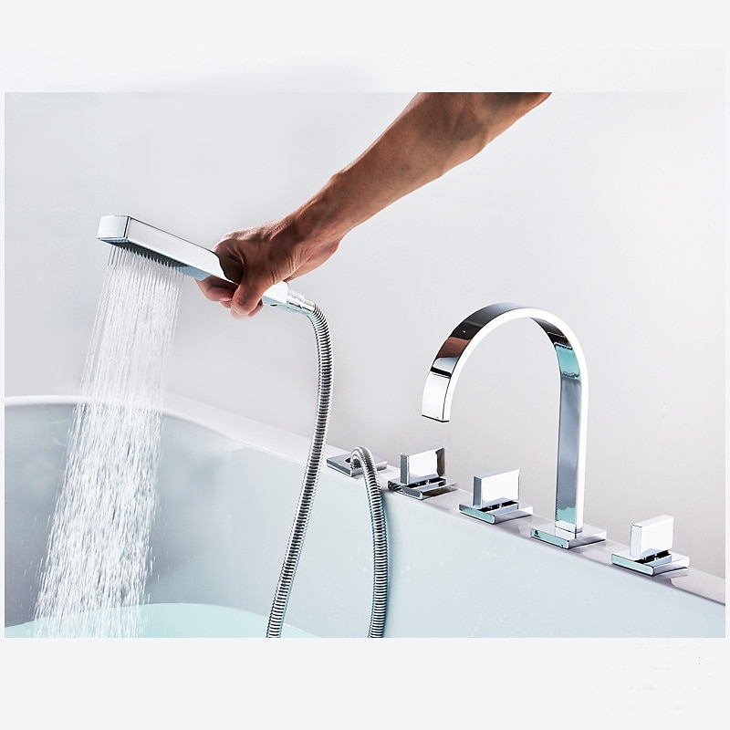 βρύση μπανιέρας κατάστρωμα πολλαπλών οπών τοποθετημένο με χέρι ντους, μπρούτζινη βρύση πλήρωσης μπανιέρας 5 τρύπες 3 λαβή χρωμίου 2025 - $242.99 –P4