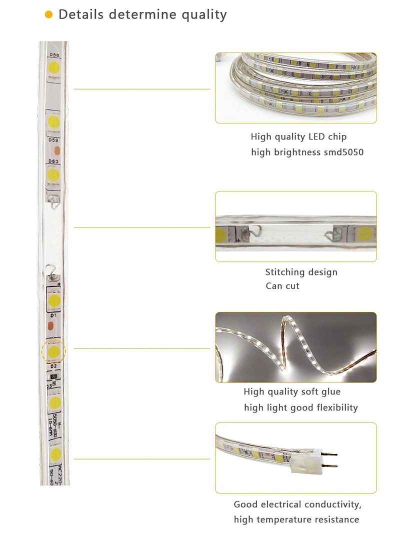 2026年 LEDストリップフレキシブルライトsmd5050 ac220v 110v60leds防水LEDテープLEDライト電源プラグ付き5m10m 1m  コレクション – $18.99 –P1