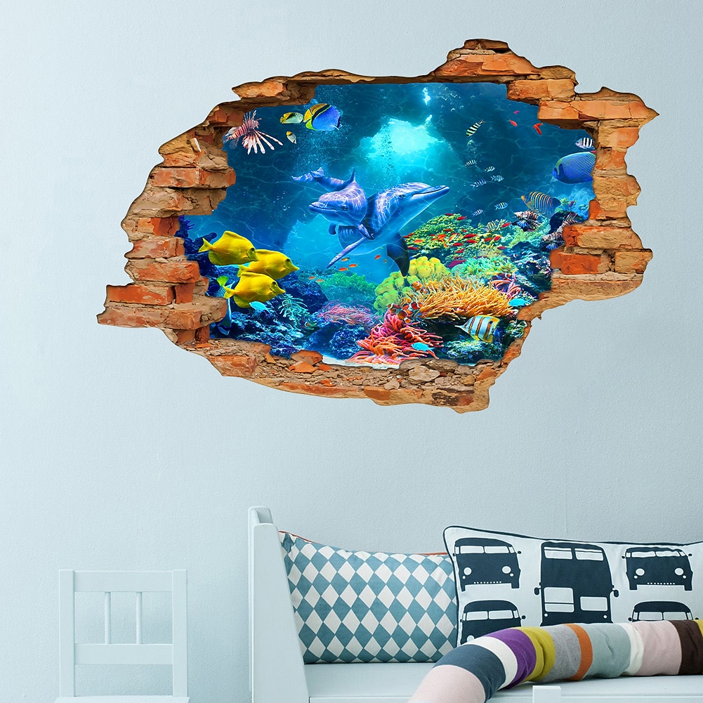 3d knust vegg undersjøisk verden delfin hjem barnerom bakgrunnsdekorasjon flyttbare klistremerker veggdekor klistremerker for soverom stue 2025 - $10.99 -P1